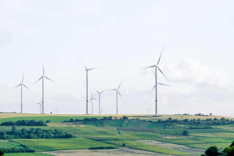 An image of wind turbines in a field